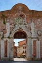 Entrance to Siena, Porta Camollia Gate with Medici heraldic shield in Siena,Tuscany, Italy.