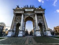 Porta Sempione of Milan during a sunny day,Lombardia, Italy. Triumphal gate called Arch of Peace.