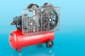 Portable air compressor on blue background, 3D rendering
