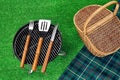 Portable Barbecue Grill On Lawn, Tools, Picnic Basket And Blanket Royalty Free Stock Photo