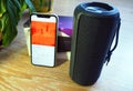 Portable bluetooth speaker for smartphones. Portable speaker for music and radio Royalty Free Stock Photo