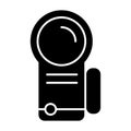 Portable camera solid icon. Cinema camera vector illustration isolated on white. Film camera glyph style design