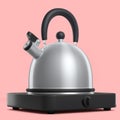 Portable camping electric stove and kettle with whistle on pink background.