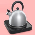 Portable camping electric stove and kettle with whistle on pink background.