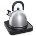 Portable camping electric stove and kettle with whistle on white background.