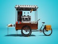 Portable coffee house on bicycle for sale coffee in park 3d render on blue background with shadow