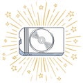 Portable compact disc player with radiating light rays and sparkling stars illustration Royalty Free Stock Photo
