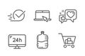 Portable computer, Heart and Checkbox icons set. Cooler bottle, 24h service and Internet shopping signs. Vector