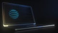 Portable computer with the logo of ATT made with code strings, editorial conceptual 3d rendering