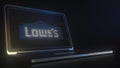 Portable computer with the logo of LOWES made with code strings, editorial conceptual 3d rendering