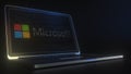Portable computer with the logo of MICROSOFT made with code strings, editorial conceptual 3d rendering Royalty Free Stock Photo