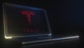 Portable computer with the logo of TESLA made with code strings, editorial conceptual 3d rendering