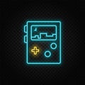 Portable console, gaming, retro neon icon. Blue and yellow neon vector icon