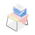 Portable Cooling Container for Food Storage Rested on Checkered Tablecloth on Table as Picnic Isometric Vector