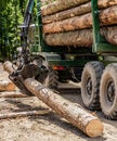Portable crane on a logging truck. Forestry tractors, trucks and loggers machinery. Forest industry. Felling of trees Royalty Free Stock Photo