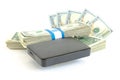 Portable drive USB on dollars pile for data is money concept