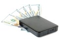 Portable drive USB on dollars pile for data is money concept