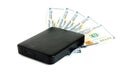 Portable drive USB on dollars pile for data is money concept