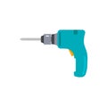 Portable electric hand drill drawing with bit. Power drill icon. Isolated vector cartoon clipart on white blank background. Royalty Free Stock Photo