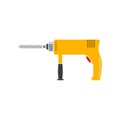 Portable electric hand drill drawing with bit. Yellow power drill icon. Isolated vector cartoon clipart on white blank background. Royalty Free Stock Photo