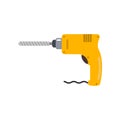 Portable electric hand drill drawing with bit. Yellow power drill icon. Vector cartoon clipart on white blank background. Royalty Free Stock Photo