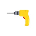 Portable electric hand drill drawing with bit. Yellow power drill icon. Isolated vector cartoon clipart on white blank background. Royalty Free Stock Photo