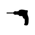 Portable electric hand drill silhouette drawing with bit. Black power drill icon. Isolated vector cartoon clipart. Royalty Free Stock Photo