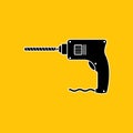Portable electric hand drill silhouette drawing with bit. Black and white power drill icon. Vector cartoon clipart. Royalty Free Stock Photo