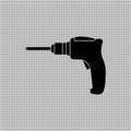 Portable electric hand drill silhouette drawing with bit. Power drill icon. Isolated vector cartoon clipart. Royalty Free Stock Photo
