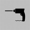 Portable electric hand drill silhouette drawing with bit. Power drill icon. Vector cartoon clipart on transparent background. Royalty Free Stock Photo