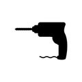 Portable electric hand drill silhouette drawing with bit. Power drill icon. Vector cartoon clipart on white blank background. Royalty Free Stock Photo