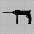 Portable electric hand drill silhouette drawing with bit. Power drill icon. Vector cartoon clipart on transparent background. Royalty Free Stock Photo
