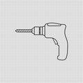 Portable electric hand drill sketch drawing with bit. Power drill icon. Line and outline isolated vector cartoon clipart. Royalty Free Stock Photo