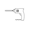 Portable electric hand drill sketch drawing with bit. Power drill icon. Line and outline vector cartoon clipart. Royalty Free Stock Photo