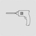 Portable electric hand drill sketch drawing with bit. Power drill icon. Line and outline vector cartoon clipart, Royalty Free Stock Photo