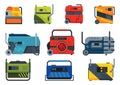 Portable electric power generator icon set. Gasoline generator, emergency equipments. Energy generating backup Royalty Free Stock Photo