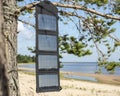 Portable foldable solar panel battery hanging on the outdoors on a pine tree Royalty Free Stock Photo