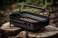 portable grill with charcoal and tongs in minimalist outdoor setting