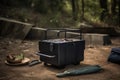 portable grill with charcoal and tongs in minimalist outdoor setting