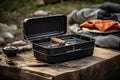 portable grill with charcoal and tongs in minimalist outdoor setting