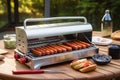 portable grill with hot dogs and buns ready to be cooked on the go