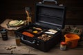 portable grill surrounded by collection of spices, seasoning blends, and other grilling accessories