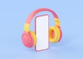 Portable headphones with phone and music notes 3d render illustration - wireless earphone, smartphone with white display