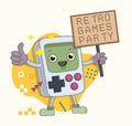 Portable isolated vector game console Tetris. Funny character or mascot for a retro game 80s party