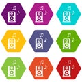 Portable music speacker icon set color hexahedron