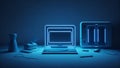 A portable neon computer with a blank screen and a desk in a dark room with blue lighting. Technological background with a lapto Royalty Free Stock Photo