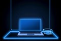 A portable neon computer with a blank screen and a desk in a dark room with blue lighting. Technological laptop, Generative AI