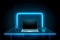 portable neon computer with a blank screen and a desk in a dark room with blue lighting. Technological laptop, AI Generative