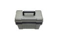 Portable plastic container with opening lid and additional compartments. Fishing or hunting box. Isolate on a white back