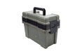 Portable plastic container with opening lid and additional compartments. Fishing or hunting box. Isolate on a white back